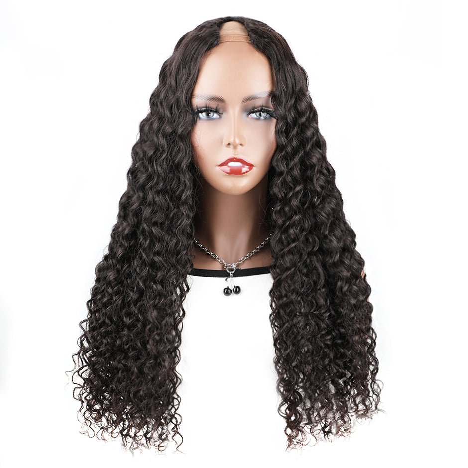 FORGIRLFOREVER Water Wave Wig 180% Density V Part Wig No Leave Out Human Hair Wigs For Women No Lace Wig