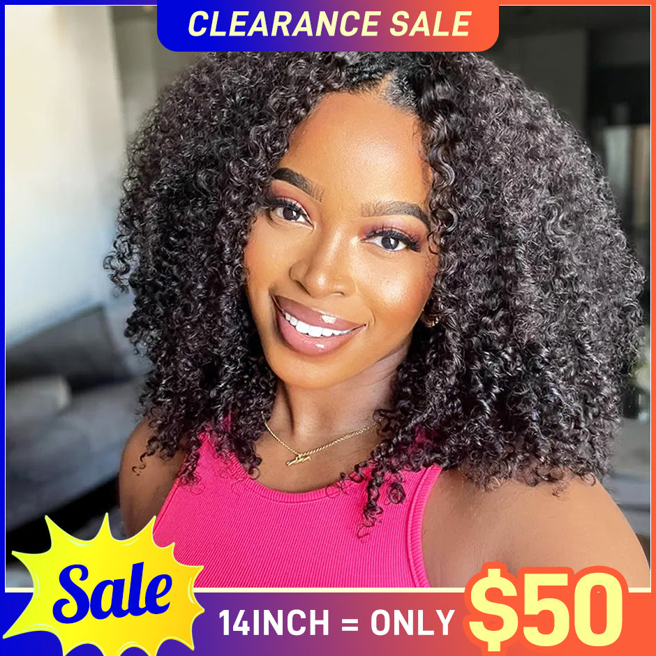 [CLEARANCE SALE] FORGIRLFOREVER Short Bob V Part Wig Human Hair Kinky Curly Wig No Leave Out Thin Part Wigs For Women