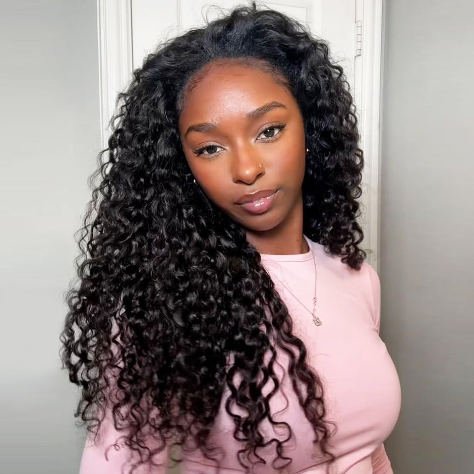 FORGIRLFOREVER Water Wave Wear Go Half Wig with Drawstring No Lace No Glue Needed Human Hair Wigs 180% Density Wear Go Glueless Wig Beginner Friendly Wig