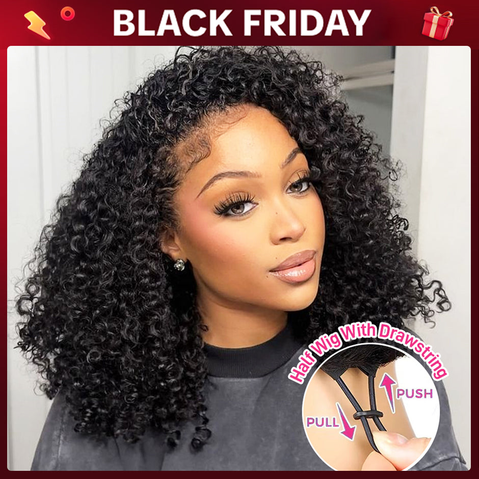 FORGIRLFOREVER Kinky Curly Half Wig with Drawstring No Lace No Glue Human Hair Wigs 180% Density Wear Go Glueless Wig Beginner Friendly Wig