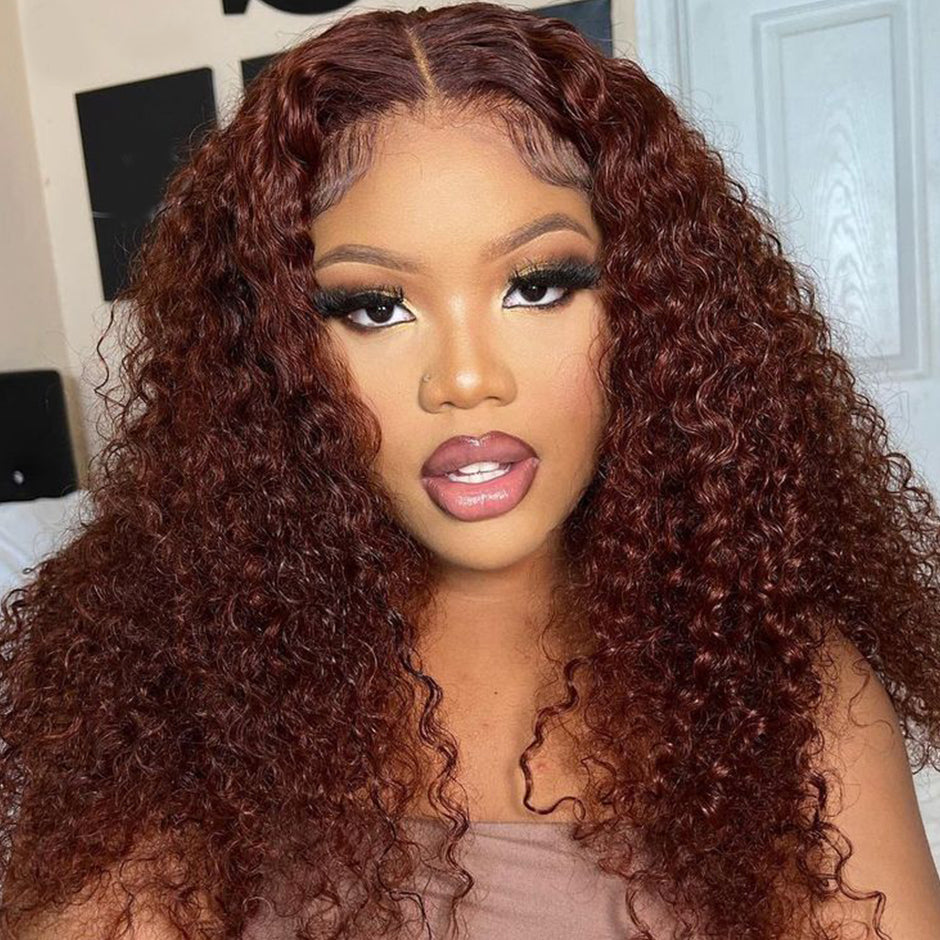 FORGIRLFOREVER #33 Reddish Brown 13x4 Kinky Curly Wig Preplucked Human Hair Lace Frontal Wig