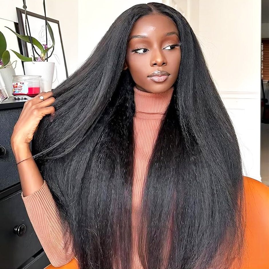 FORGIRLFOREVER 7X5 Pre-cut Kinky Straight Wig Quick Install Wear Go Guleless Wig Natural Color Yaki Straight Human Hair Wigs