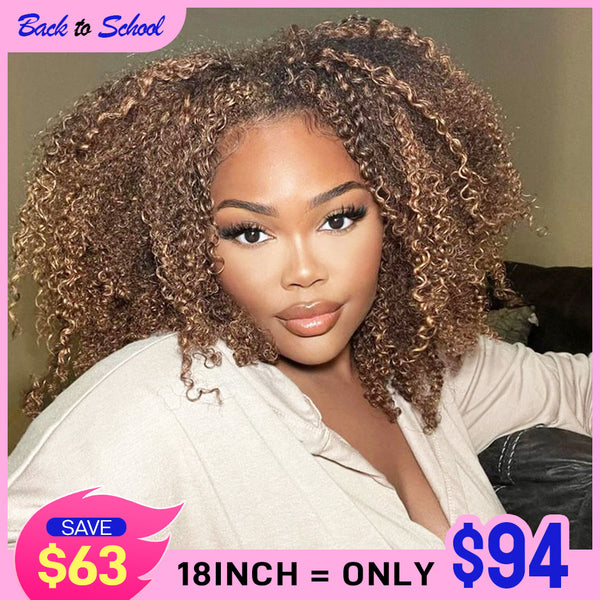 FORGIRLFOREVER 4/27 Highlight Wig 7X5 Wear Go Glueless Wig 5 Seconds Quick Install Pre-Cut Kinky Curly Human Hair Wig Beginner Friendly