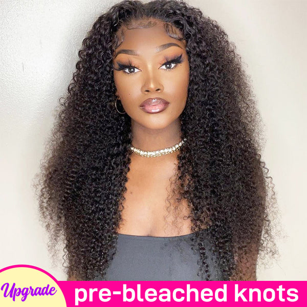 FORGIRLFOREVER Pre-bleached knots Kinky Curly Wig Pre-plucked Natural Color 13x4 Lace Front Human Hair Wigs