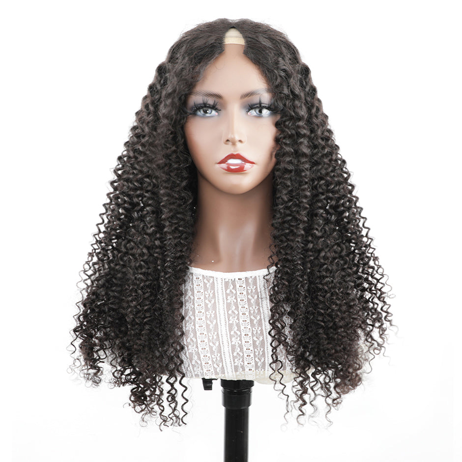 FORGIRLFOREVER Kinky Curly V Part Wig Human Hair No Leave Out Thin Part Wig For Black Women 180% Density No Lace Wig