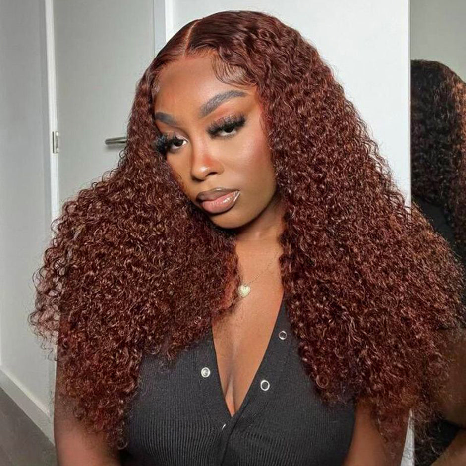 FORGIRLFOREVER #33 Reddish Brown 13x4 Kinky Curly Wig Preplucked Human Hair Lace Frontal Wig