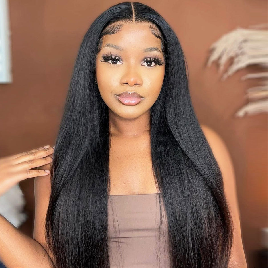 FORGIRLFOREVER 7X5 Pre-cut Kinky Straight Wig Quick Install Wear Go Guleless Wig Natural Color Yaki Straight Human Hair Wigs