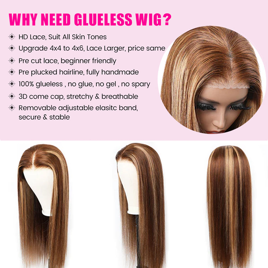 FORGIRLFOREVER 4/27 Straight Highlight Wig 6x4 Pre-Cut Wear Go Glueless Wig Beginner Friendly