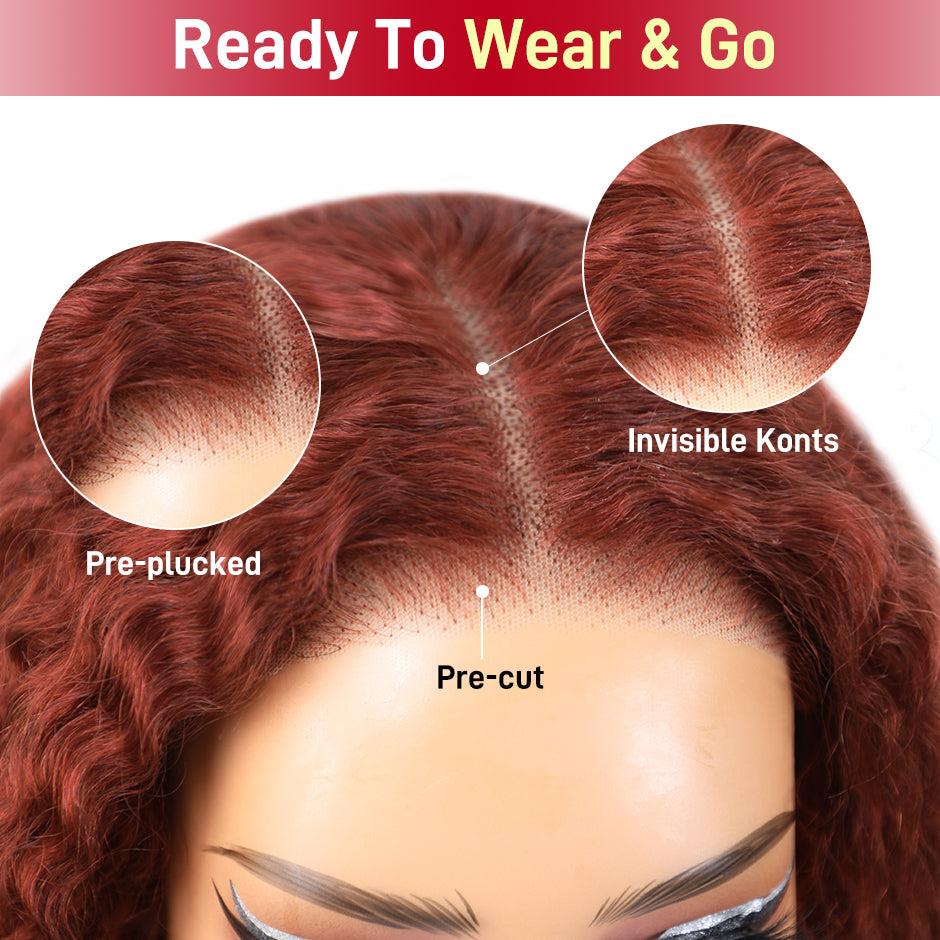 FORGIRLFOREVER #33 Reddish Brown Kinky Curly Wig 6X4 Wear Go Glueless Wig 5 Seconds Quick Install Pre-Cut Human Hair Wig Beginner Friendly