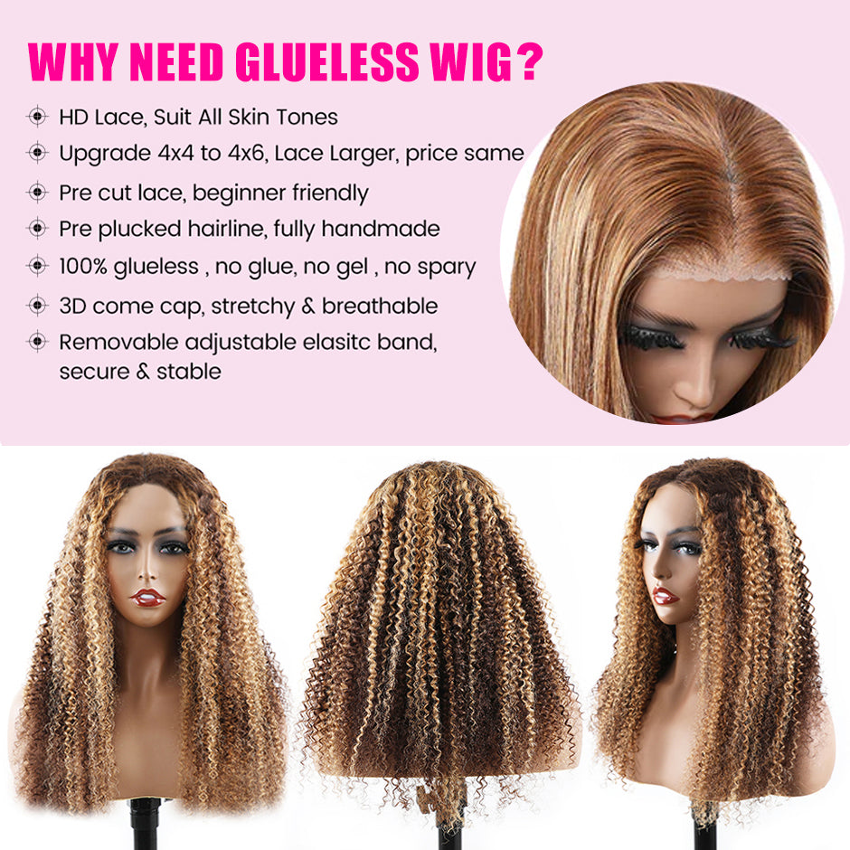 FORGIRLFOREVER 4/27 Highlight Wig 6X4 Wear Go Glueless Wig 5 Seconds Quick Install Pre-Cut Kinky Curly Human Hair Wig Beginner Friendly