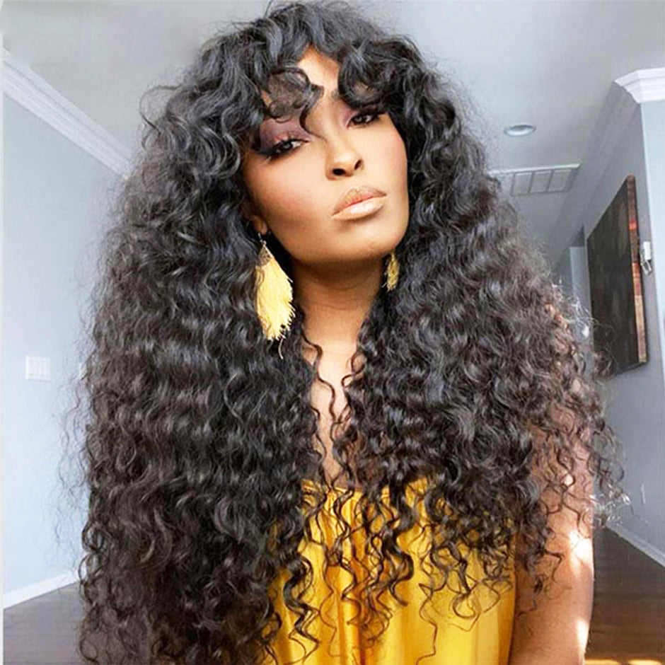 FORGIRLFOREVER 180% Water Wave Bang Wig For Black Women No Lace Human Hair Wigs Beginner Friendly