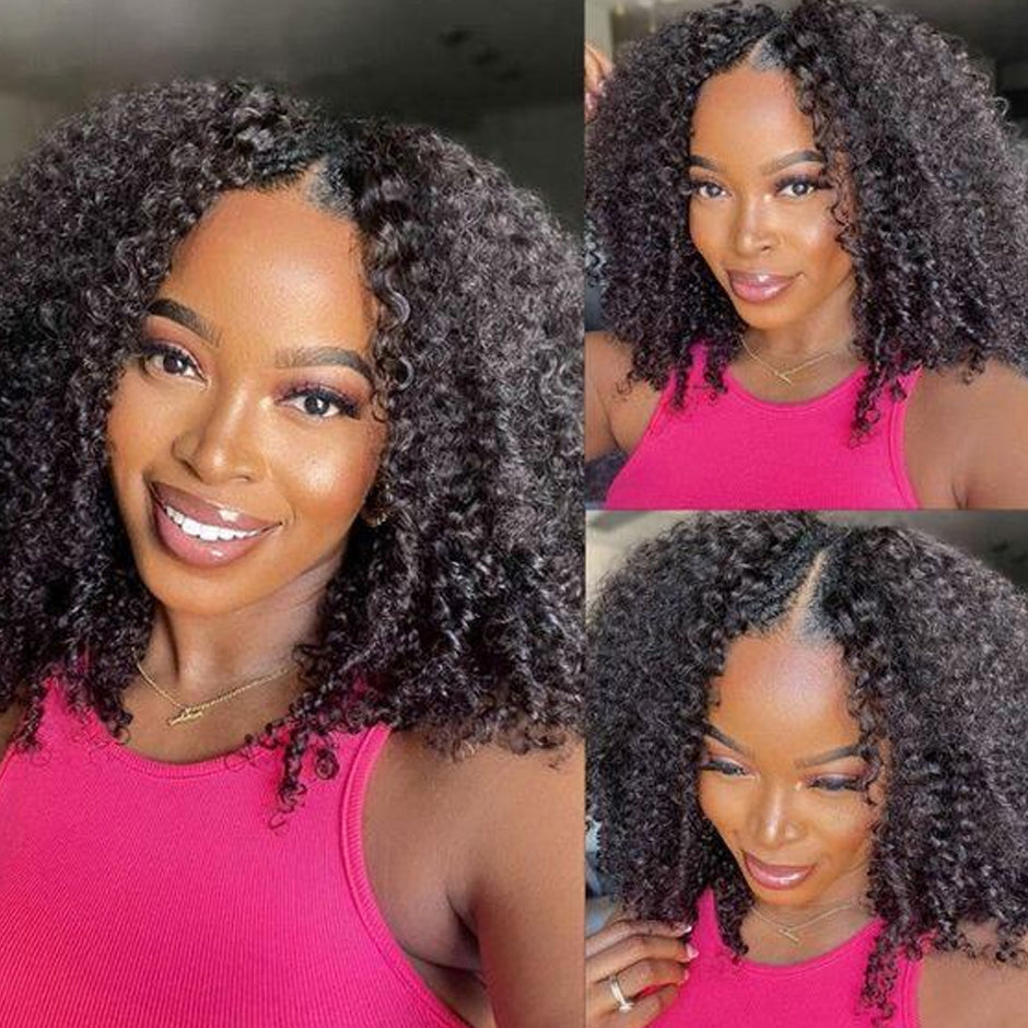 [CLEARANCE SALE] FORGIRLFOREVER Short Bob V Part Wig Human Hair Kinky Curly Wig No Leave Out Thin Part Wigs For Women