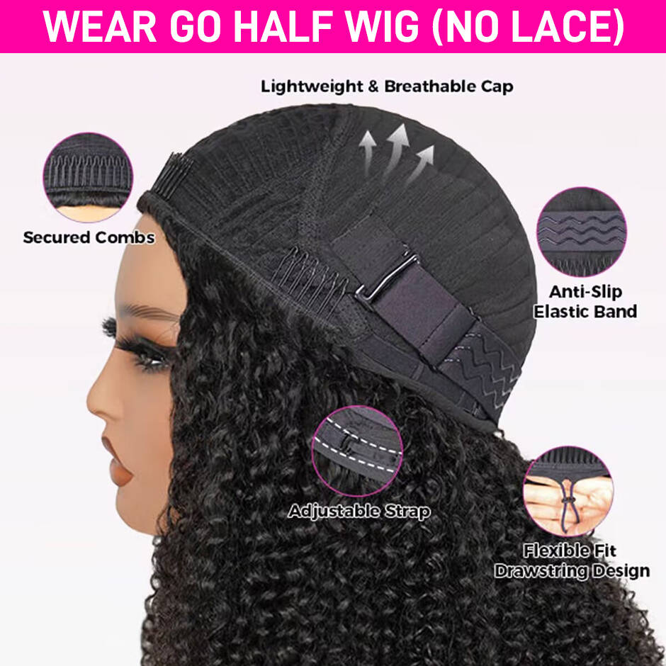 FORGIRLFOREVER Kinky Curly Half Wig with Drawstring No Lace No Glue Human Hair Wigs 180% Density Wear Go Glueless Wig Beginner Friendly Wig