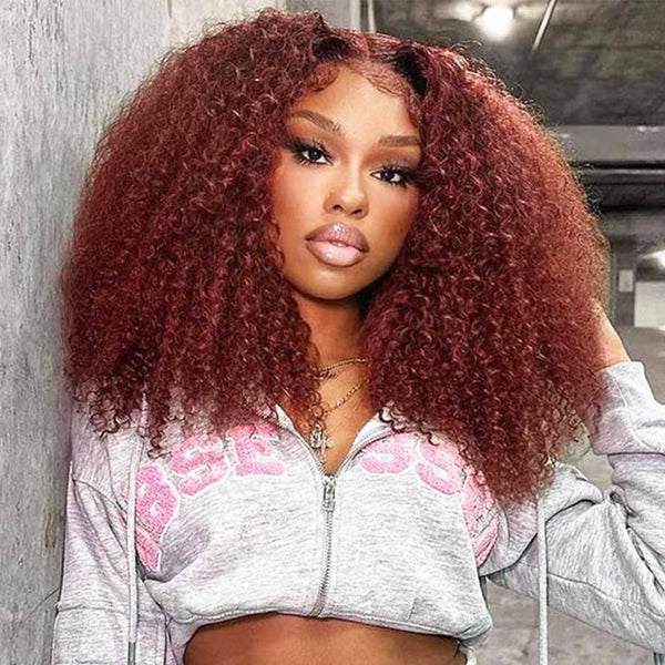 FORGIRLFOREVER #33 Reddish Brown Kinky Curly Wig 7x5 Wear Go Glueless Wig 5 Seconds Quick Install Pre-Cut Human Hair Wig Beginner Friendly