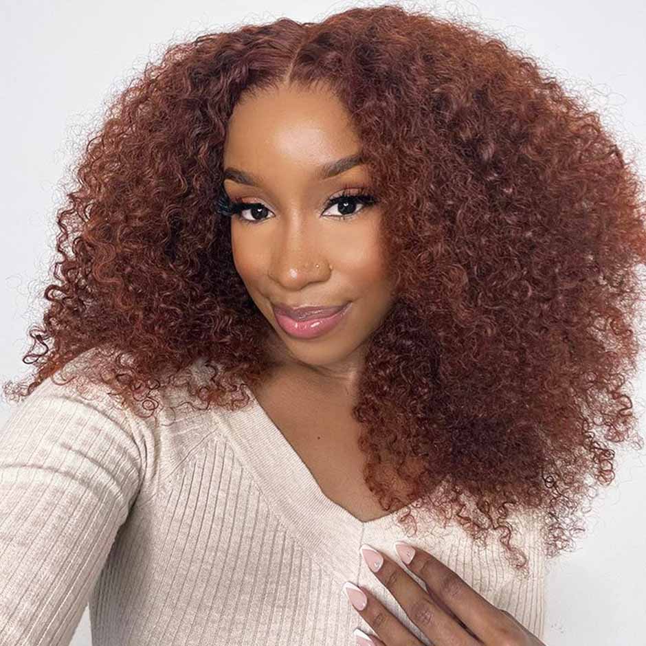 FORGIRLFOREVER #33 Reddish Brown Kinky Curly Wig 6X4 Wear Go Glueless Wig 5 Seconds Quick Install Pre-Cut Human Hair Wig Beginner Friendly