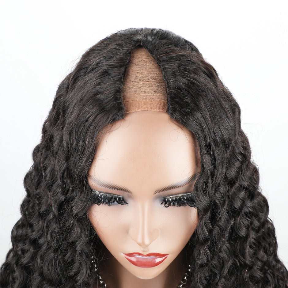 FORGIRLFOREVER Water Wave Wig 180% Density V Part Wig No Leave Out Human Hair Wigs For Women No Lace Wig