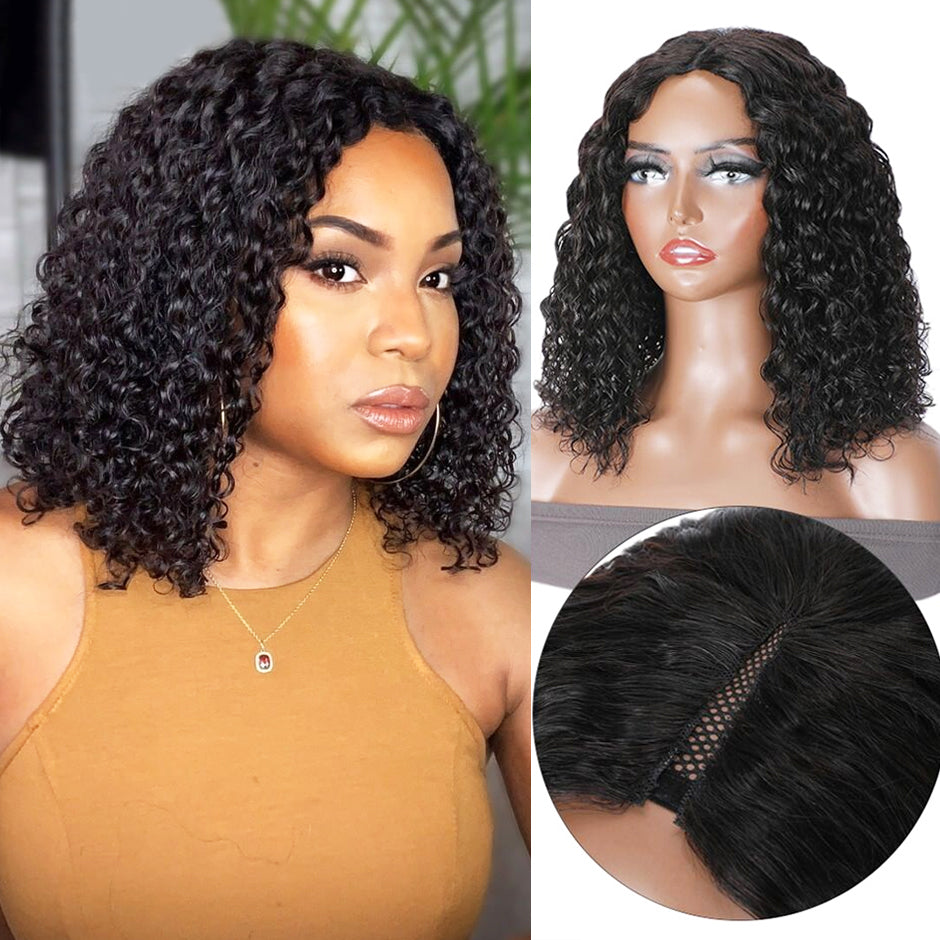 [CLEARANCE SALE] FORGIRLFOREVER V Part Wig Short Bob Wig Water Wave Human Hair Wig No Leave Out Thin Part Wigs For Women No Lace Wig