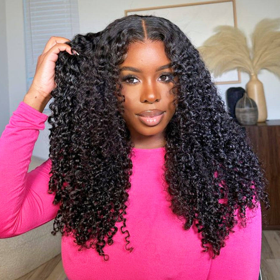 FORGIRLFOREVER Kinky Curly V Part Wig Human Hair No Leave Out Thin Part Wig For Black Women 180% Density No Lace Wig