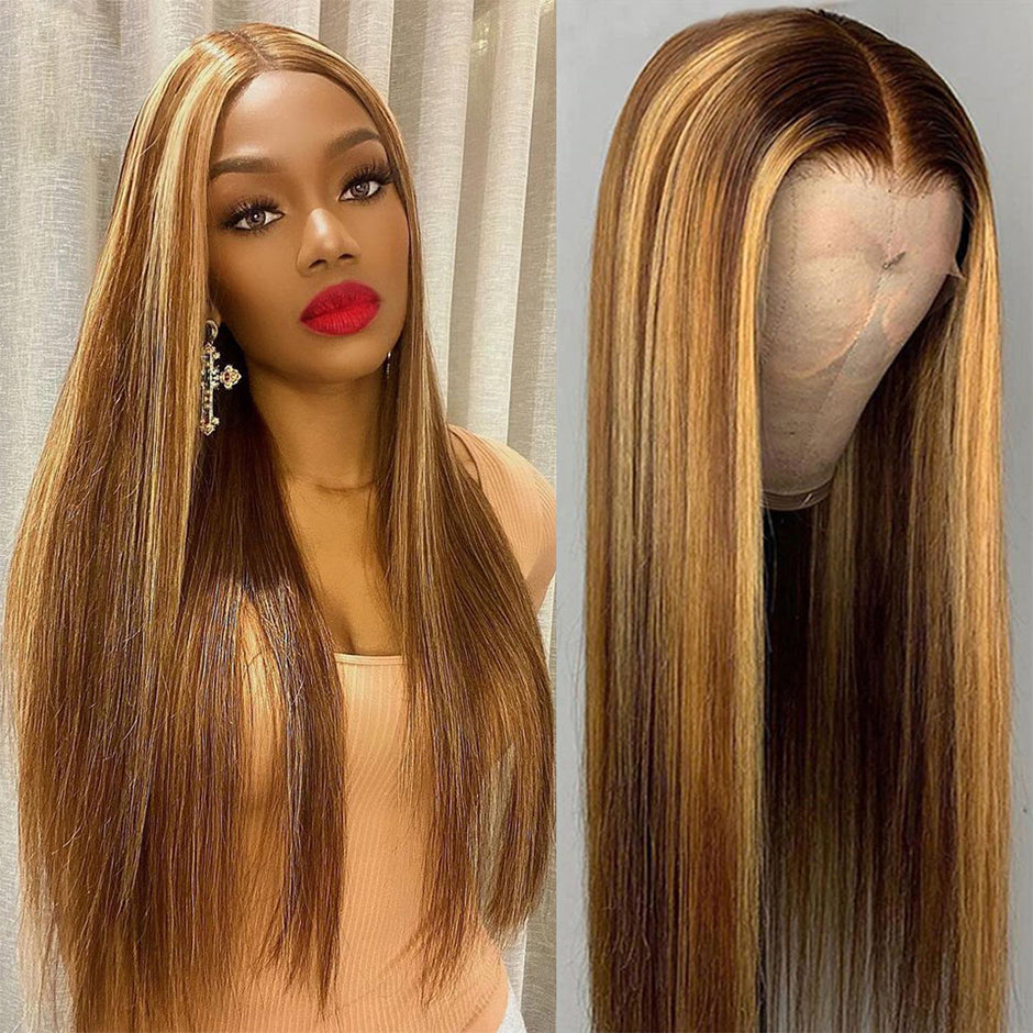 FORGIRLFOREVER 4/27 Highlight Wig 13x4 Straight Lace Front Wig Pre-Plucked Human Hair Wigs