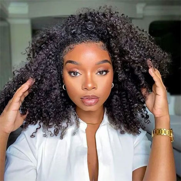 FORGIRLFOREVER Kinky Curly Half Wig with Drawstring No Lace No Glue Human Hair Wigs 180% Density Wear Go Glueless Wig Beginner Friendly