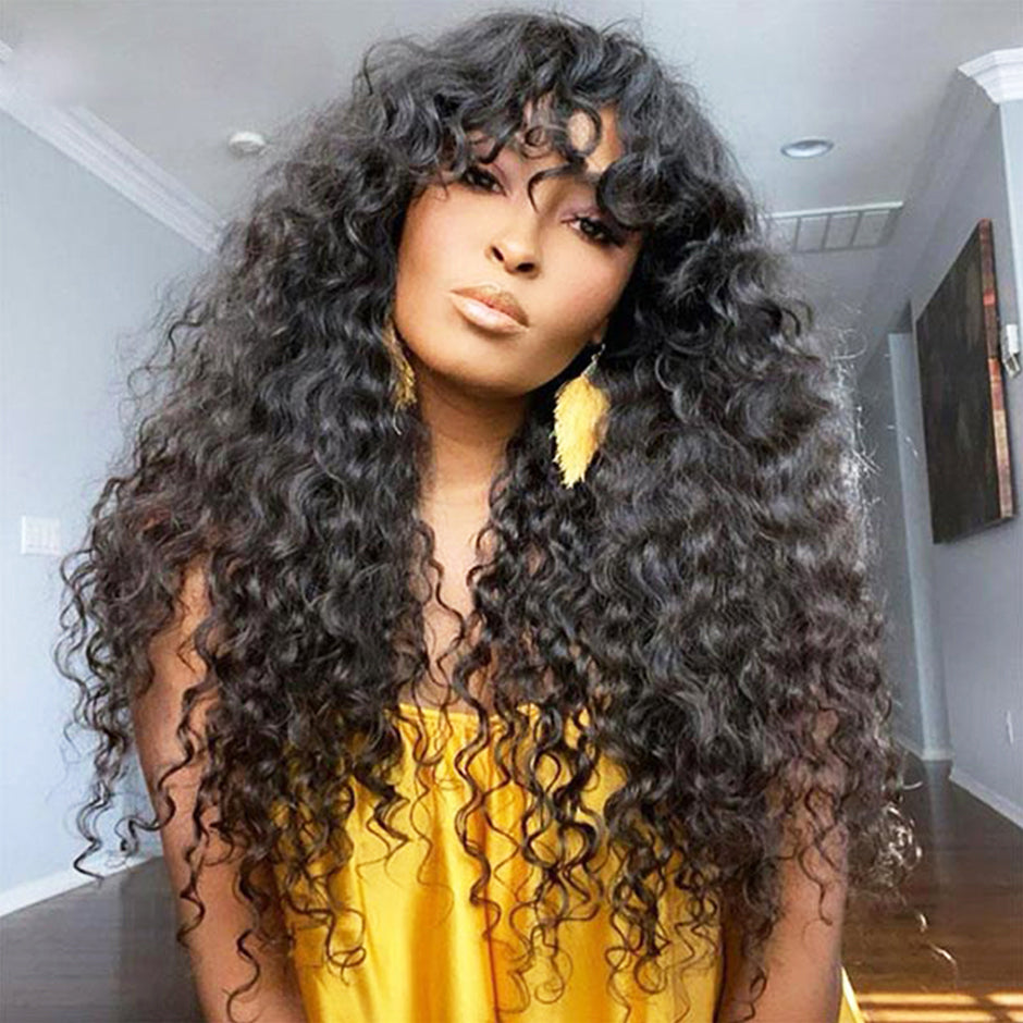 FORGIRLFOREVER 180% Water Wave Bang Wig For Black Women No Lace Human Hair Wigs Beginner Friendly