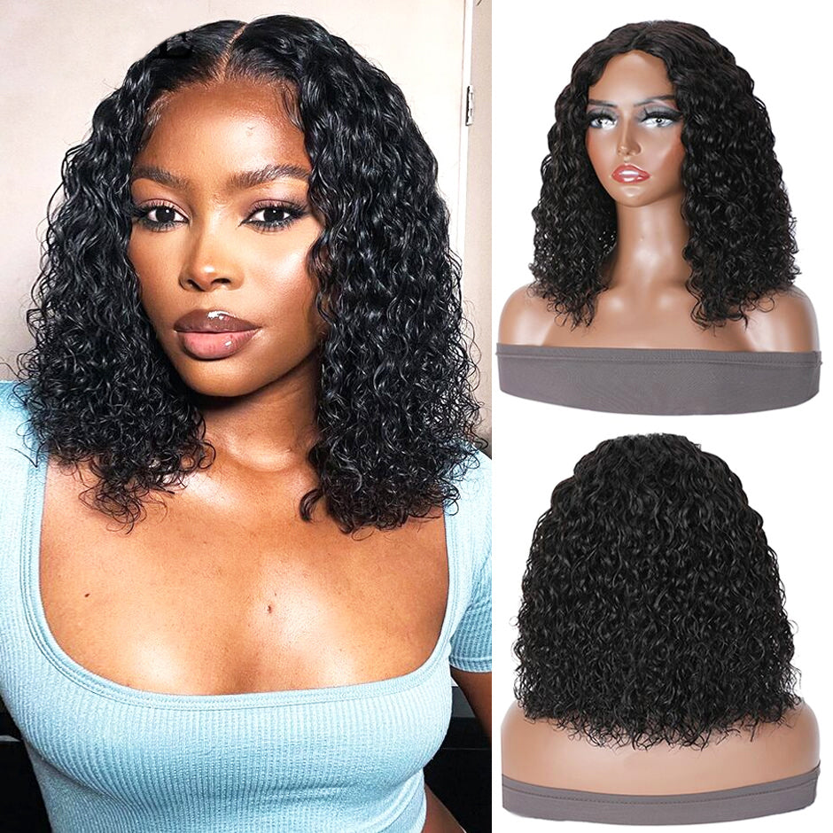 [CLEARANCE SALE] FORGIRLFOREVER V Part Wig Short Bob Wig Water Wave Human Hair Wig No Leave Out Thin Part Wigs For Women No Lace Wig