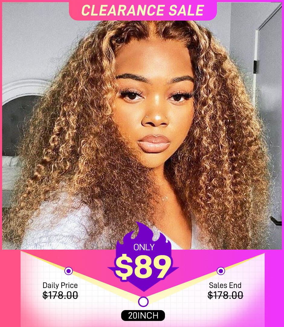 Kinky Curly Highlight Wig Pré-plumé 4/27 Couleur 13x4 Lace Front Perruques de cheveux humains