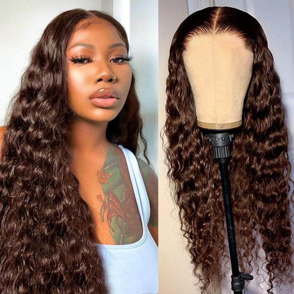 FORGIRLFOREVER #4 Chocolate Brown Water Wave Wig Preplucked 13x4 Human Hair Lace Frontal Wig