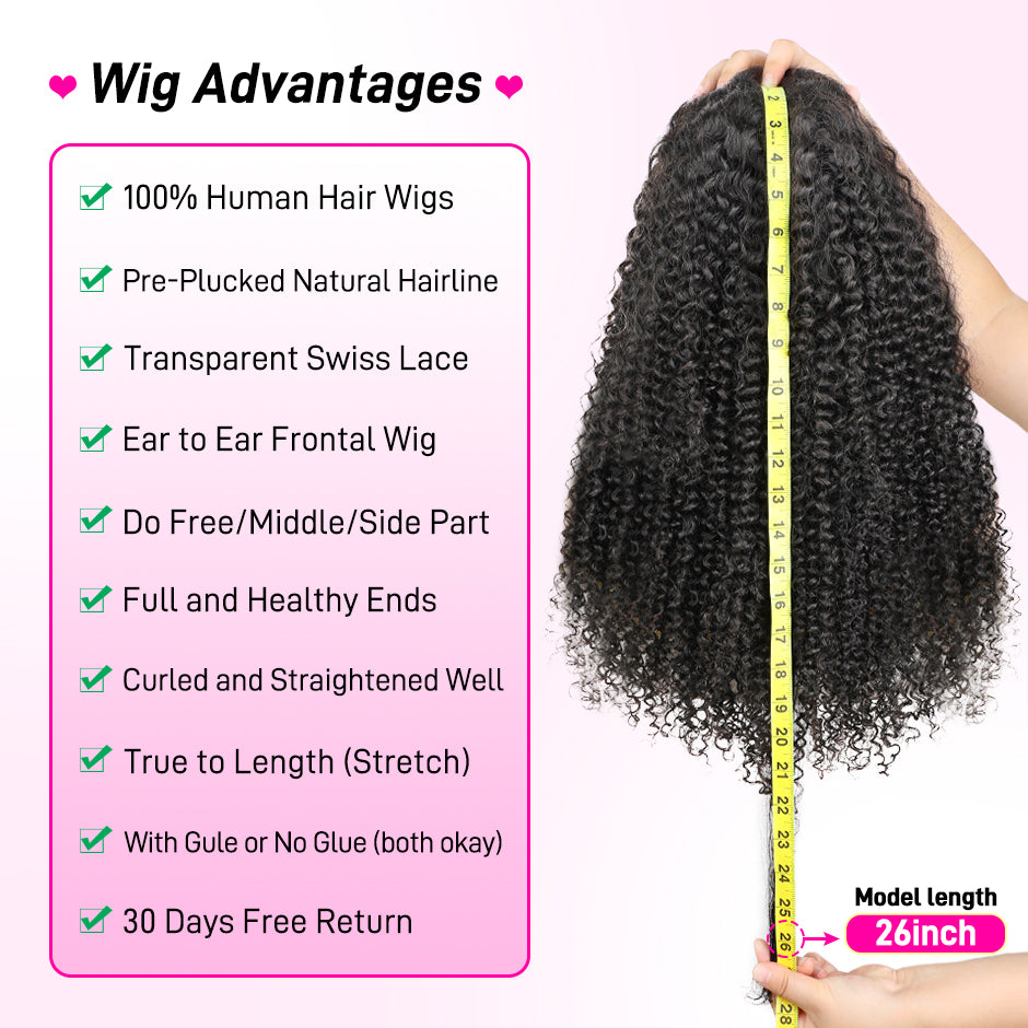 【Black Friday Sale】FORGIRLFOREVER 13x4 Kinky Curly Lace Frontal Wig Pre-plucked Lace Front Human Hair Wigs