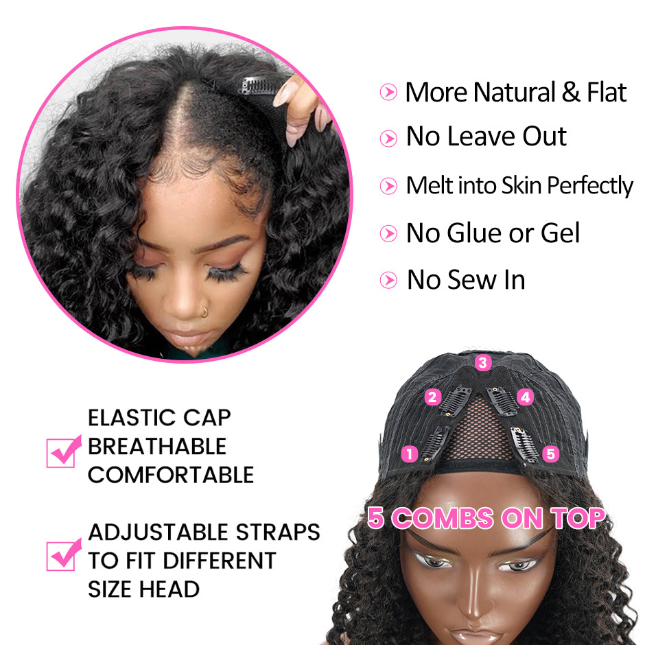 [CLEARANCE SALE] FORGIRLFOREVER V Part Wig Short Bob Wig Water Wave Human Hair Wig No Leave Out Thin Part Wigs For Women No Lace Wig