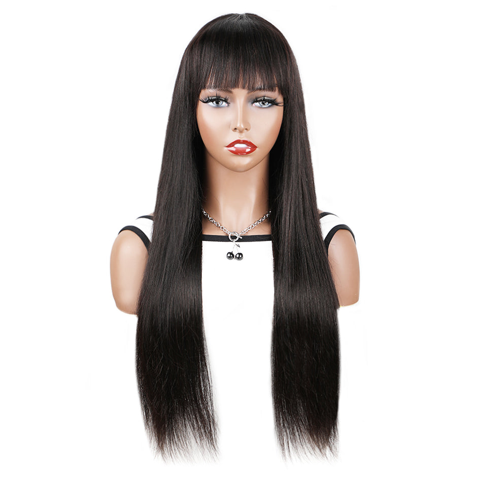 FORGIRLFOREVER Straight Wig With Bangs 180% Density Human Hair No Lace Wigs For Black Women