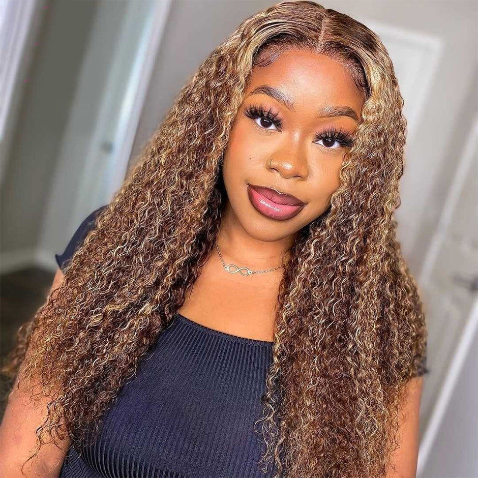 FORGIRLFOREVER 13x4 Kinky Curly Highlight Wig Pre-Plucked 4/27 Color Lace Front Human Hair Wigs
