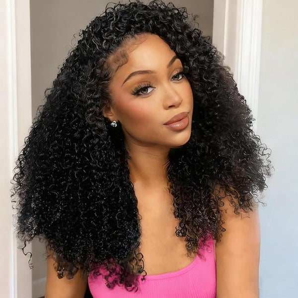 FORGIRLFOREVER Kinky Curly Half Wig with Drawstring No Lace No Glue Human Hair Wigs 180% Density Wear Go Glueless Wig Beginner Friendly Wig