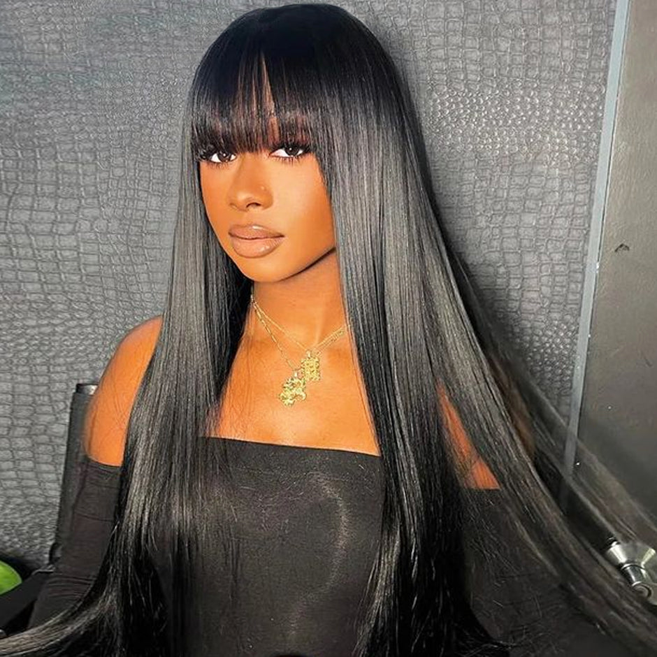 FORGIRLFOREVER Straight Wig With Bangs 180% Density Human Hair No Lace Wigs For Black Women