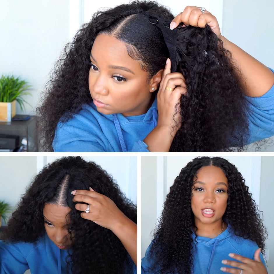 FORGIRLFOREVER Kinky Curly V Part Wig Human Hair No Leave Out Thin Part Wig For Black Women 180% Density No Lace Wig