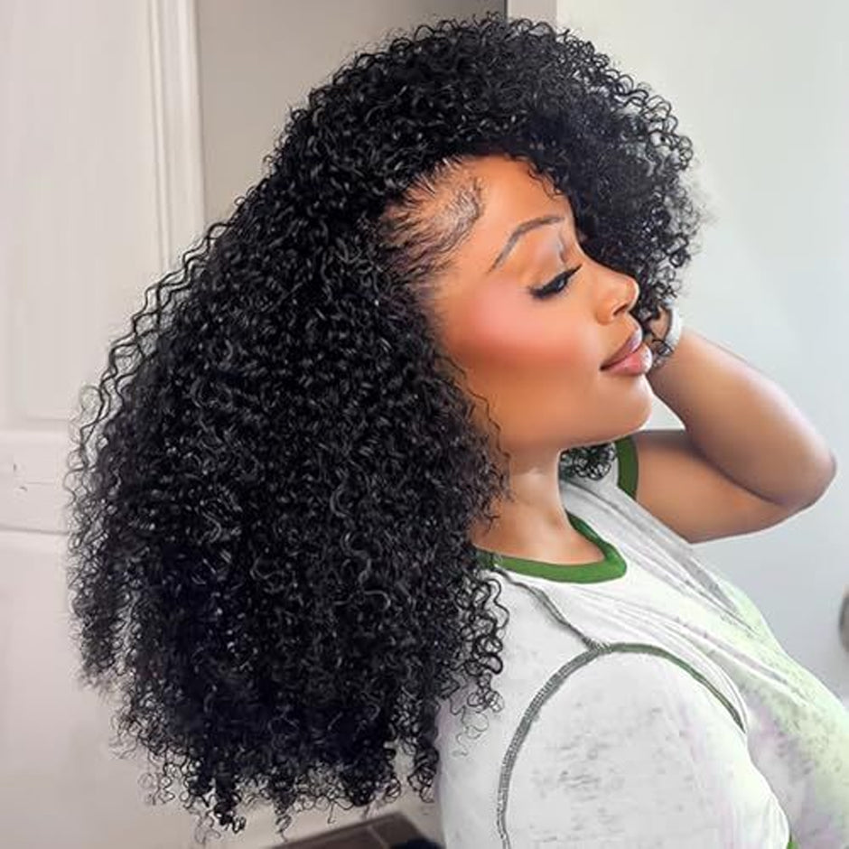 FORGIRLFOREVER Afro Curly Half Wig with Drawstring No Lace No Glue Human Hair Wigs 180% Density Wear Go Glueless Wig Beginner Friendly