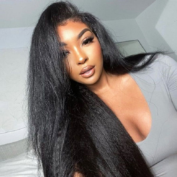 FORGIRLFOREVER 3 IN 1 Half Wig with Drawstring 180% Density Yaki Straight Human Hair Wigs Wear Go Glueless Wig Beginner Friendly Wig