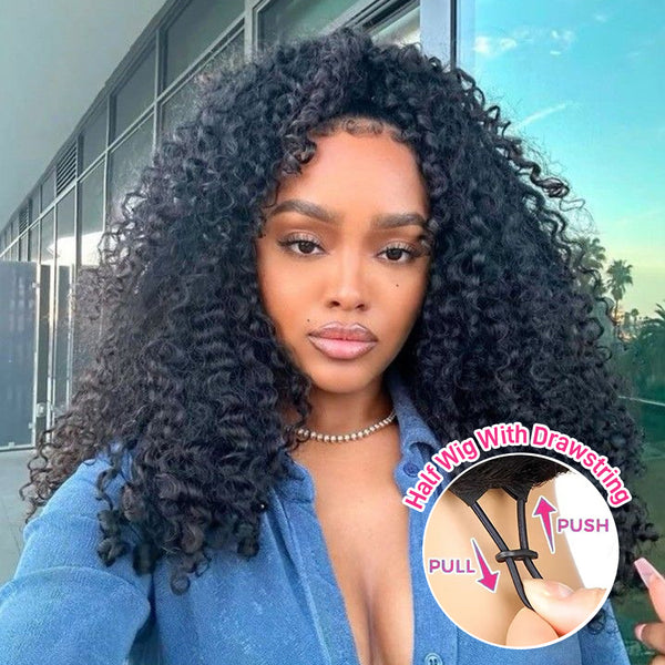 FORGIRLFOREVER Water Wave Wear Go Half Wig with Drawstring No Lace No Glue Needed Human Hair Wigs 180% Density Wear Go Glueless Wig Beginner Friendly Wig