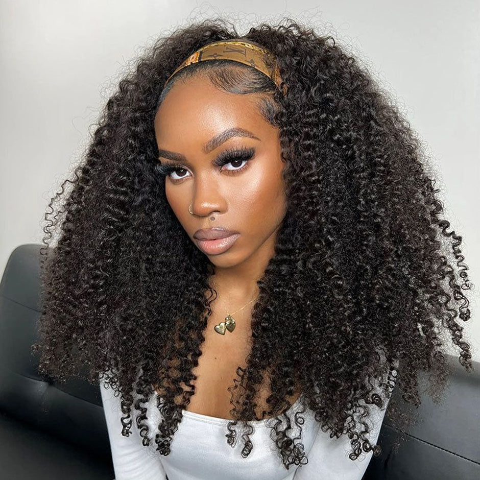 FORGIRLFOREVER Afro Curly Half Wig with Drawstring No Lace No Glue Human Hair Wigs 180% Density Wear Go Glueless Wig Beginner Friendly