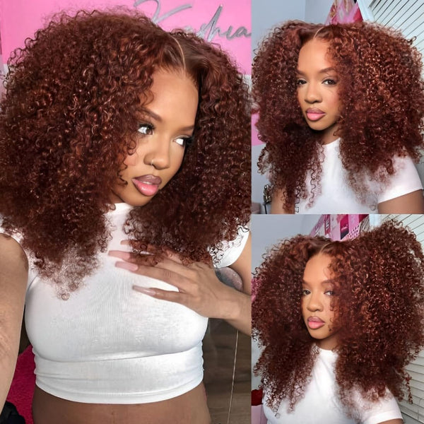 FORGIRLFOREVER #33 Reddish Brown Kinky Curly Wig 6X4 Wear Go Glueless Wig 5 Seconds Quick Install Pre-Cut Human Hair Wig Beginner Friendly