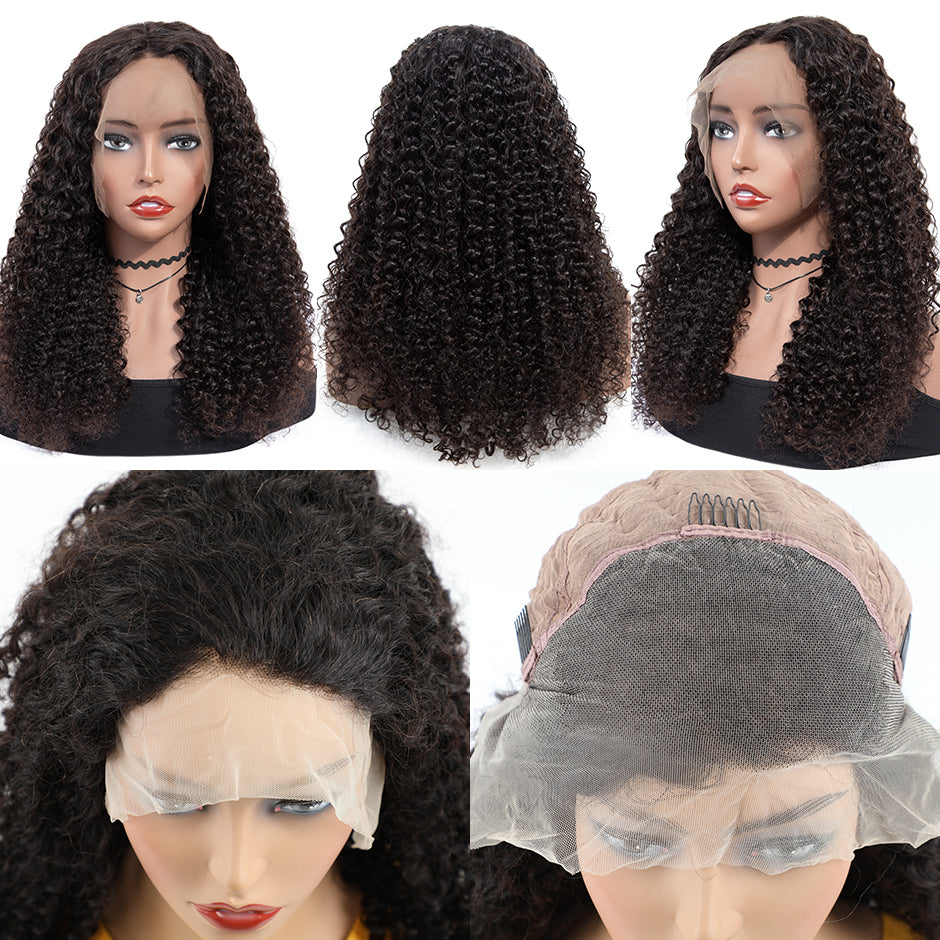 FORGIRLFOREVER Pre-bleached knots Kinky Curly Wig Pre-plucked Natural Color 13x4 Lace Front Human Hair Wigs