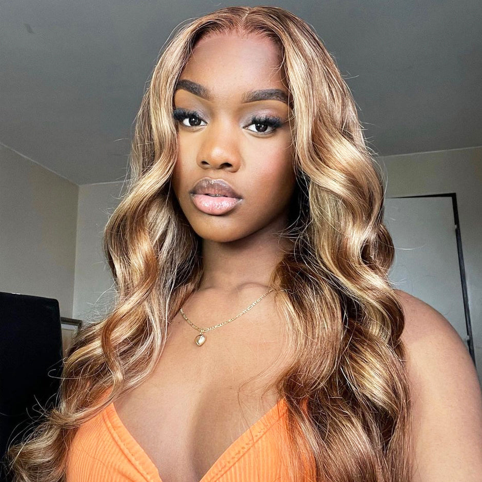 FORGIRLFOREVER 4/27 Body Wave Highlight Wig 13x4 Lace Frontal Human Hair Wigs Pre-Plucked With Baby Hair