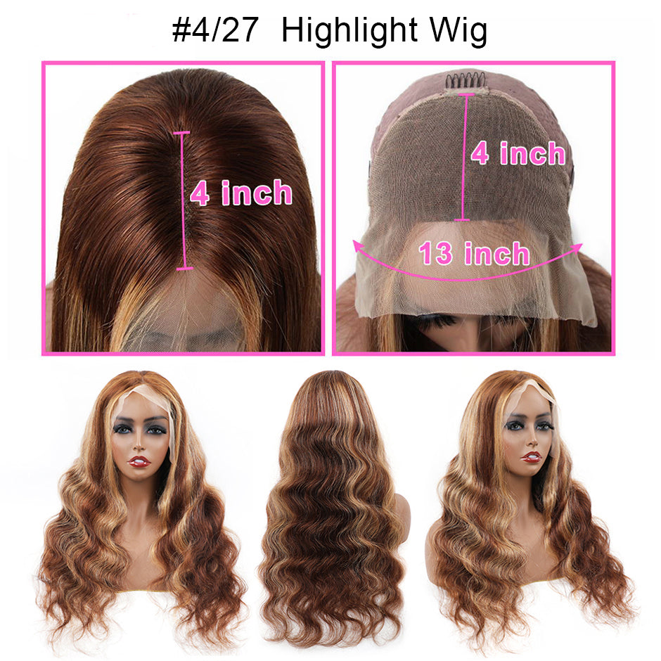 4/27 Body Wave Highlight Wig 13x4 Lace Frontal Perruques de cheveux humains pré-plumées avec des cheveux de bébé