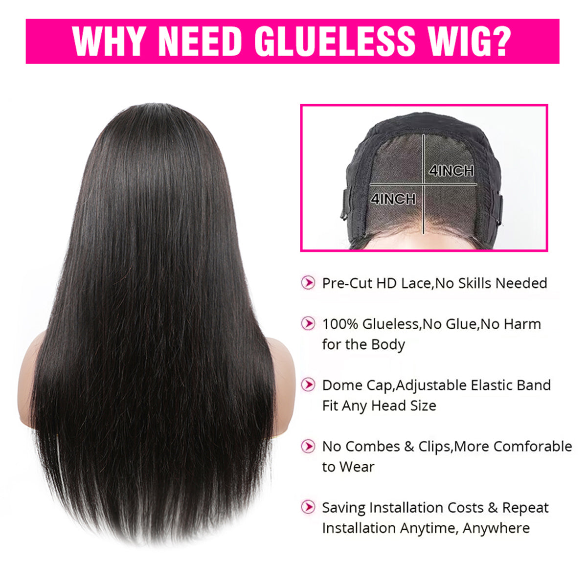 FORGIRLFOREVER Quick Install Glueless Straight Wig Pre-Cut Wear And Go Wig Preplucked With Natural Hairline