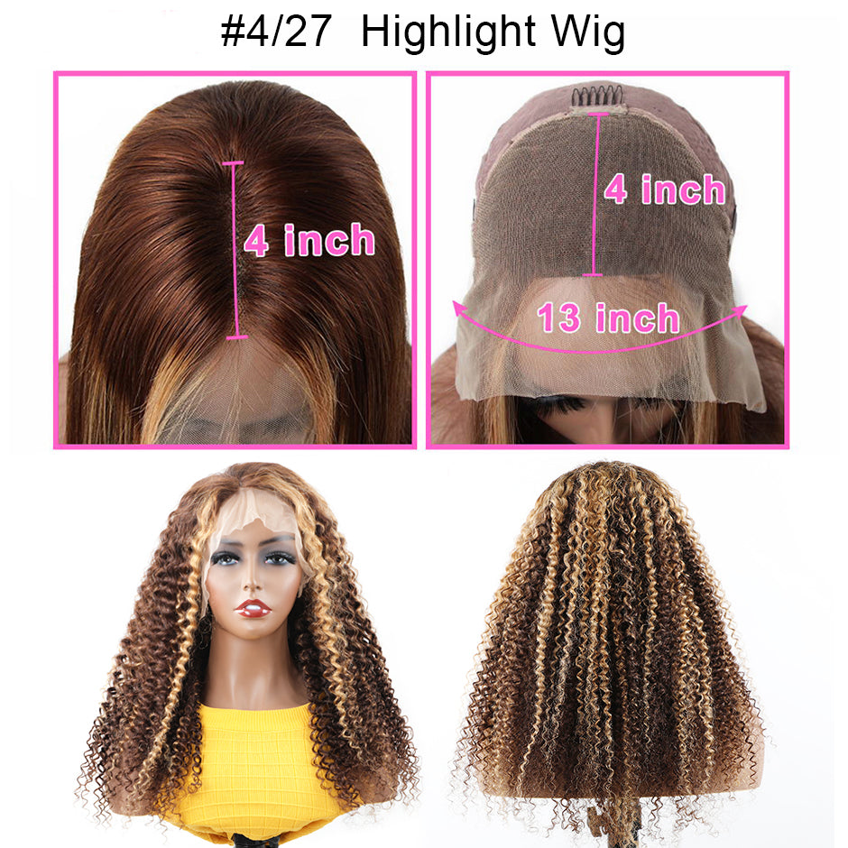 Kinky Curly Highlight Wig Pré-plumé 4/27 Couleur 13x4 Lace Front Perruques de cheveux humains