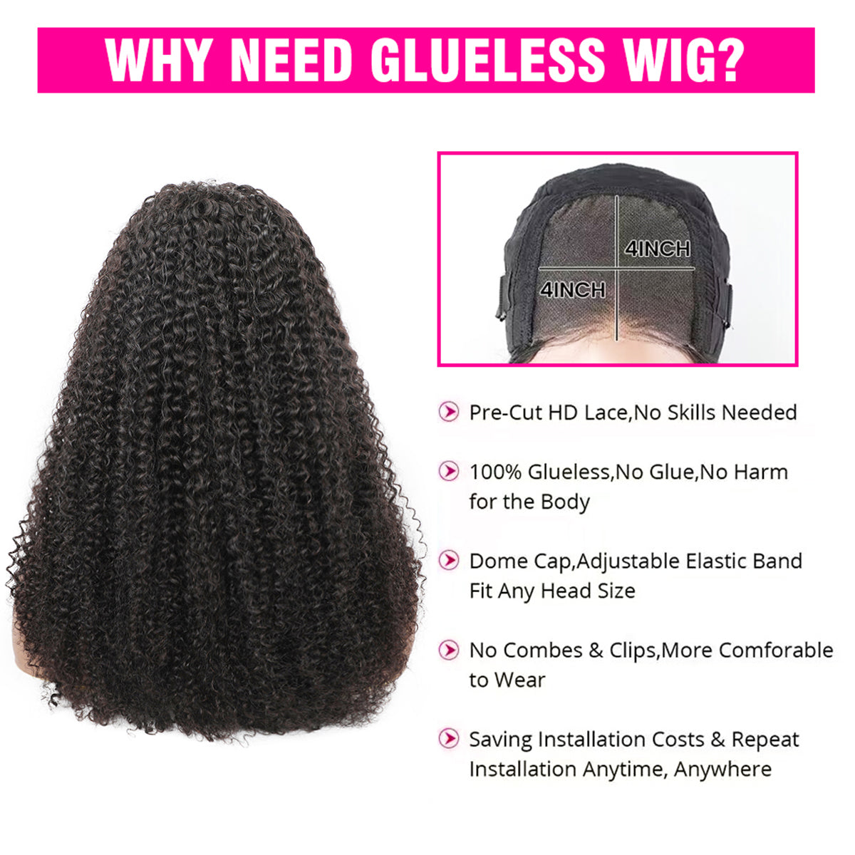 FORGIRLFOREVER Kinky Curly Wear Go Wig Pre-Cut Lace Glueless Human Hair Wig Beginner Friendly